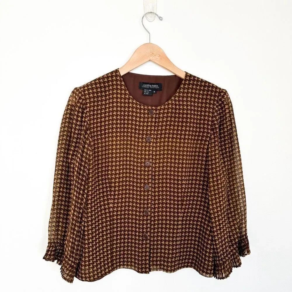 Cynthia Howie Maggy Botique Women’s Silk Two Piece Brown Tan Houndstooth Skirt S
